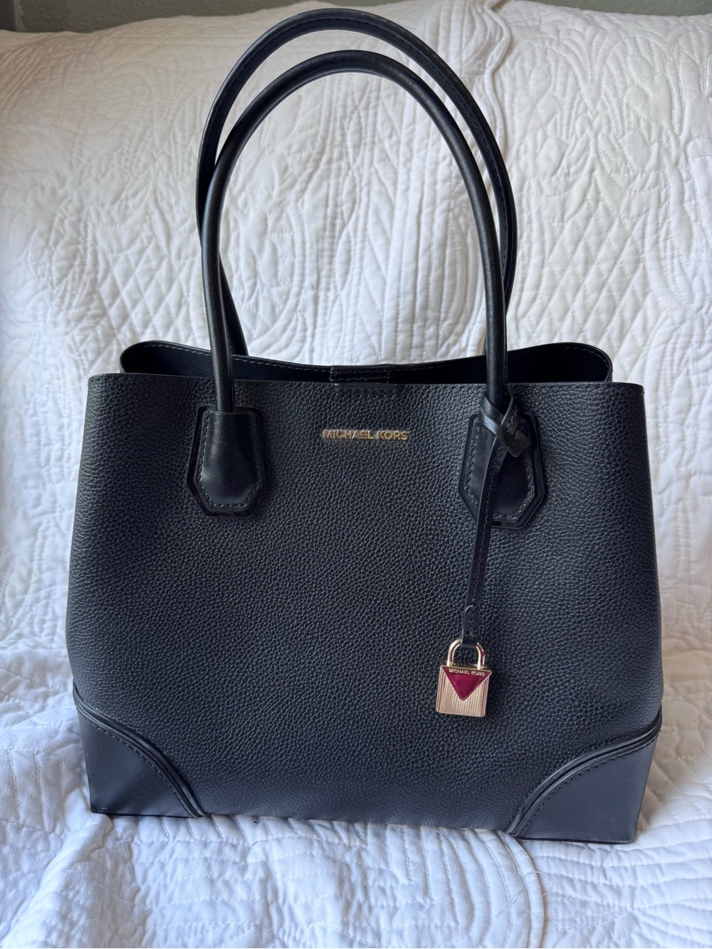 Michael Kors Black Leather Tote with Gold Logo and Charm